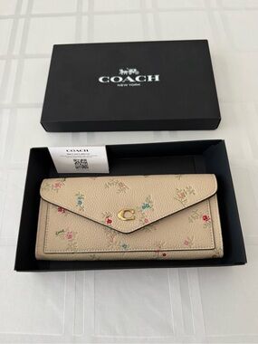 Coach Beige Floral Envelope Wallet with Gold 'C' Hardware